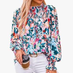 Spring Floral Ruffle High Neck Long Sleeve Top
